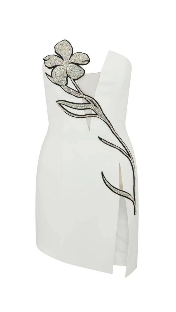 AIIZIE CRYSTAL FLOWER MINI DRESS IN WHITE - product image