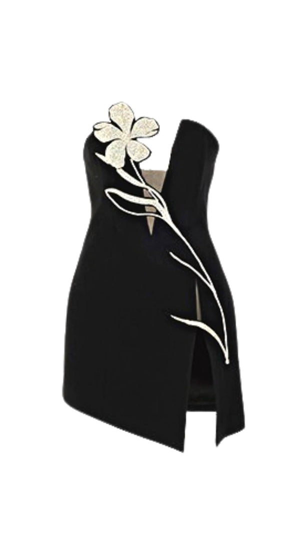 AIIZIE CRYSTAL FLOWER MINI DRESS IN BLACK - product image