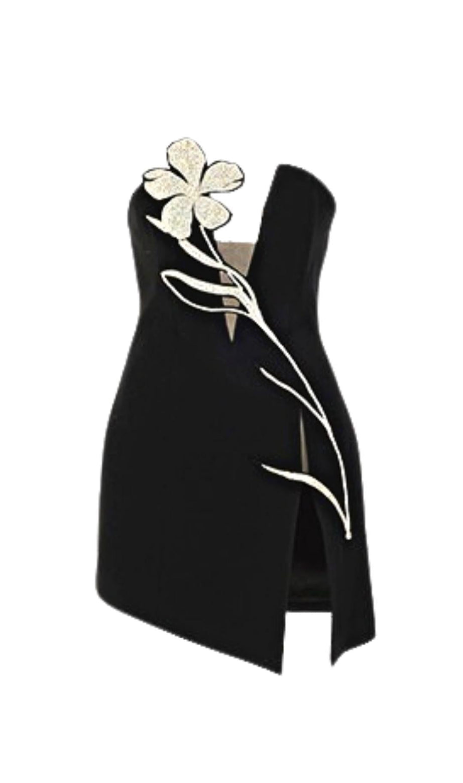 MINI ABITO CON FIORI DI CRISTALLO IN NERO