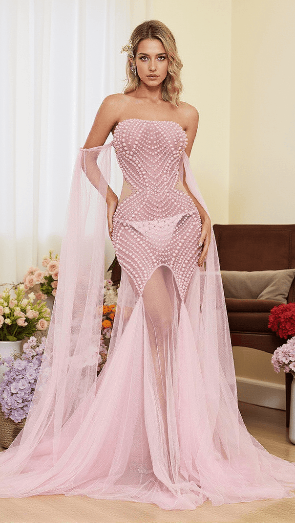 AIIZIE EVREN PEARL EMBELLISHED TULLE MAXI DRESS - product image