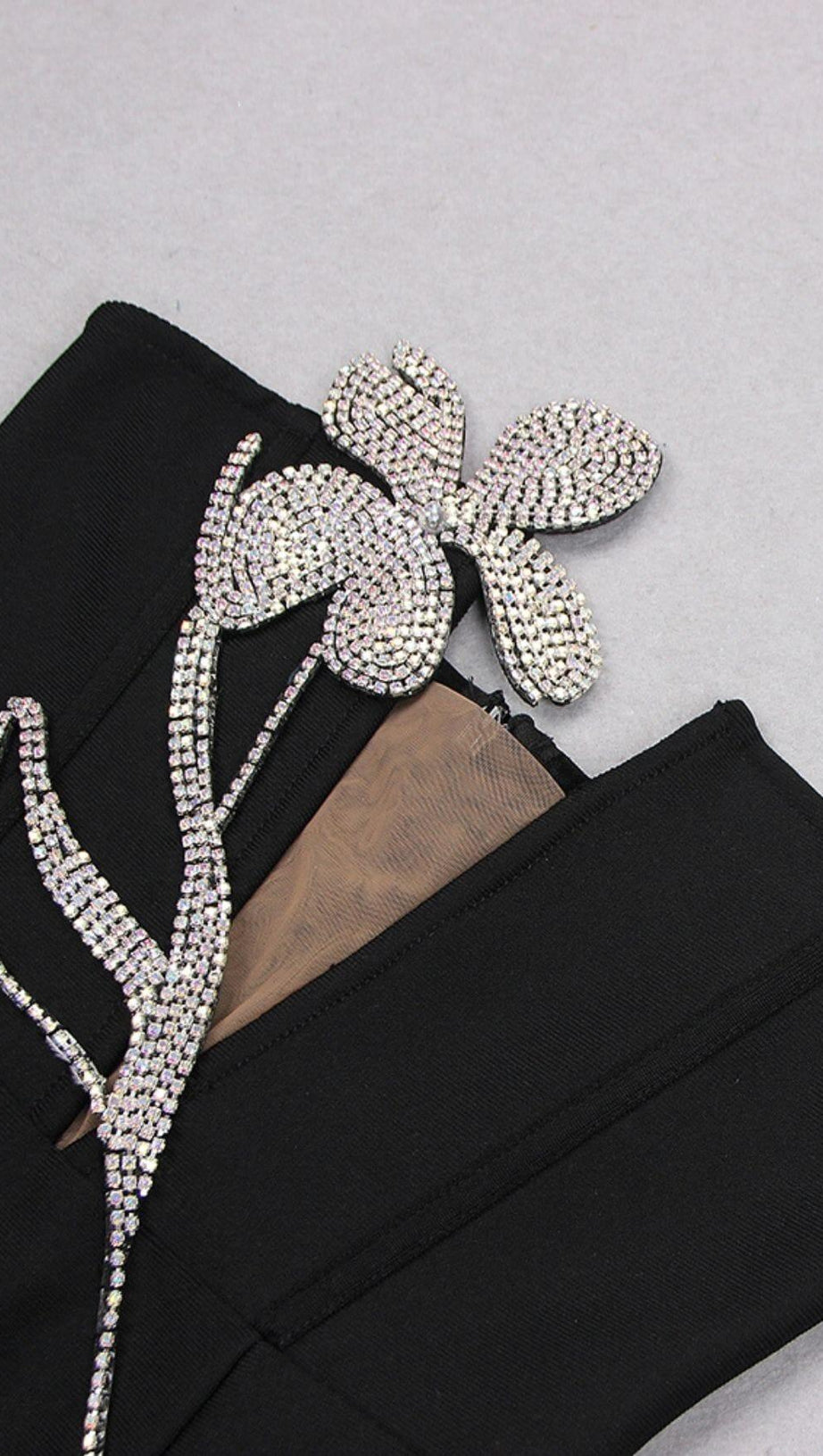 CRYSTAL FLOWER MINI DRESS IN BLACK