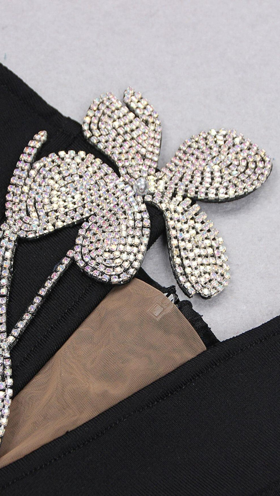 CRYSTAL FLOWER MINI DRESS IN BLACK