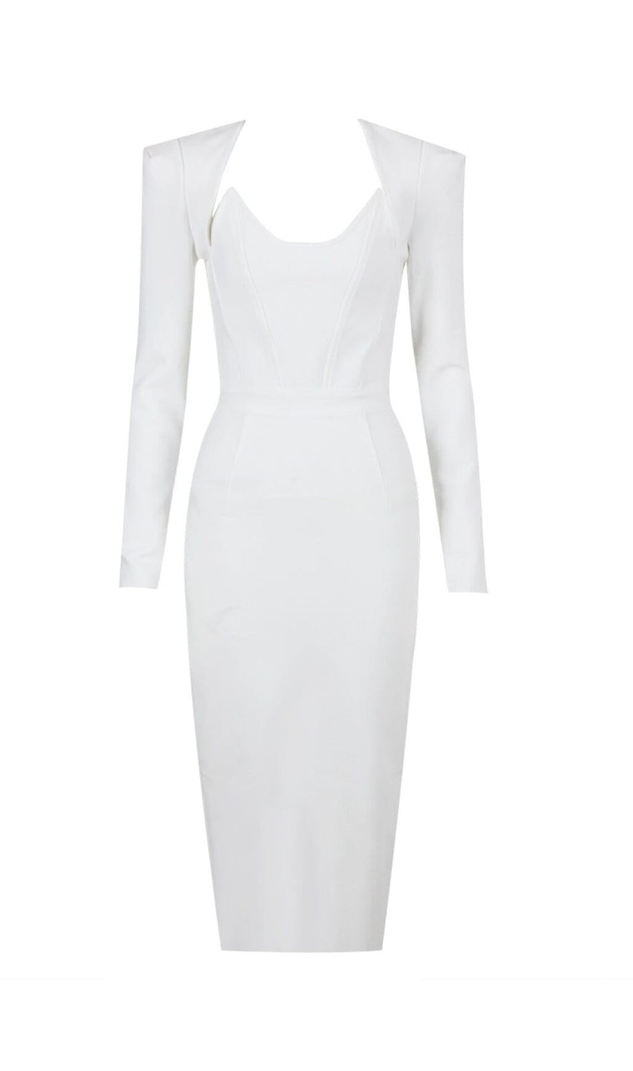 SQUARE SHOULDER CORSET MIDI DRESS IN WHITE