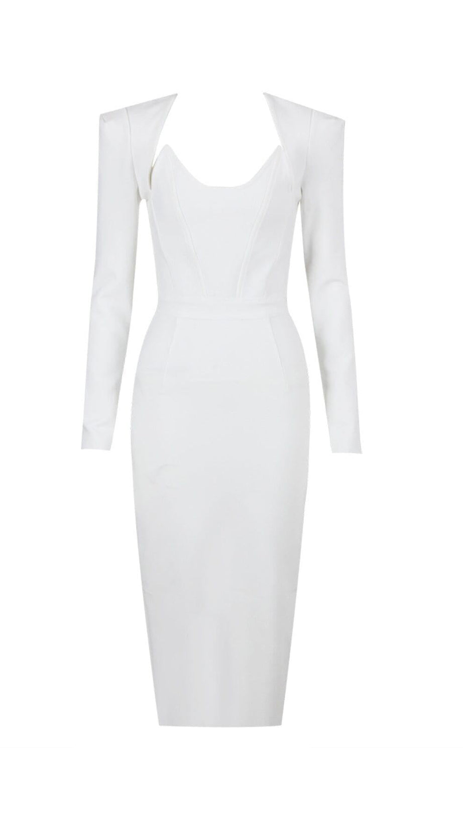 ABITO MIDI CON CORSETTO E SPALLE QUADRATE IN BIANCO