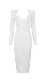 SQUARE SHOULDER CORSET MIDI DRESS IN WHITE