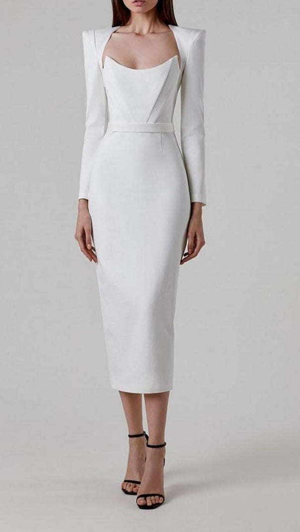 AIIZIE SQUARE SHOULDER CORSET MIDI DRESS IN WHITE - product image