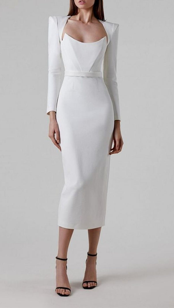 AIIZIE SQUARE SHOULDER CORSET MIDI DRESS IN WHITE - product image