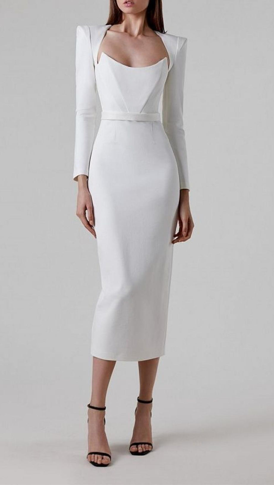 SQUARE SHOULDER CORSET MIDI DRESS IN WHITE