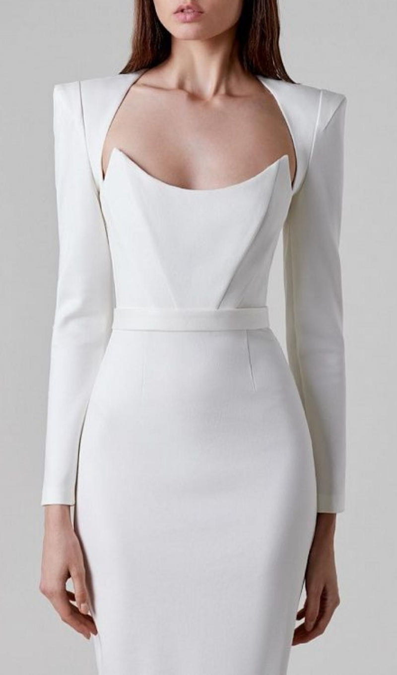 SQUARE SHOULDER CORSET MIDI DRESS IN WHITE