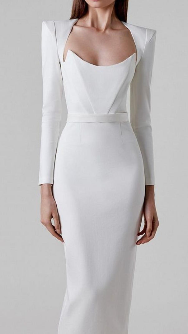 AIIZIE SQUARE SHOULDER CORSET MIDI DRESS IN WHITE - product image