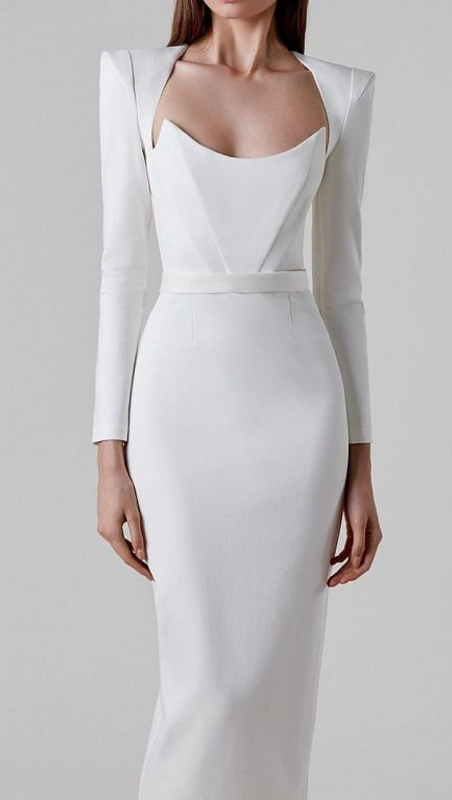 SQUARE SHOULDER CORSET MIDI DRESS IN WHITE