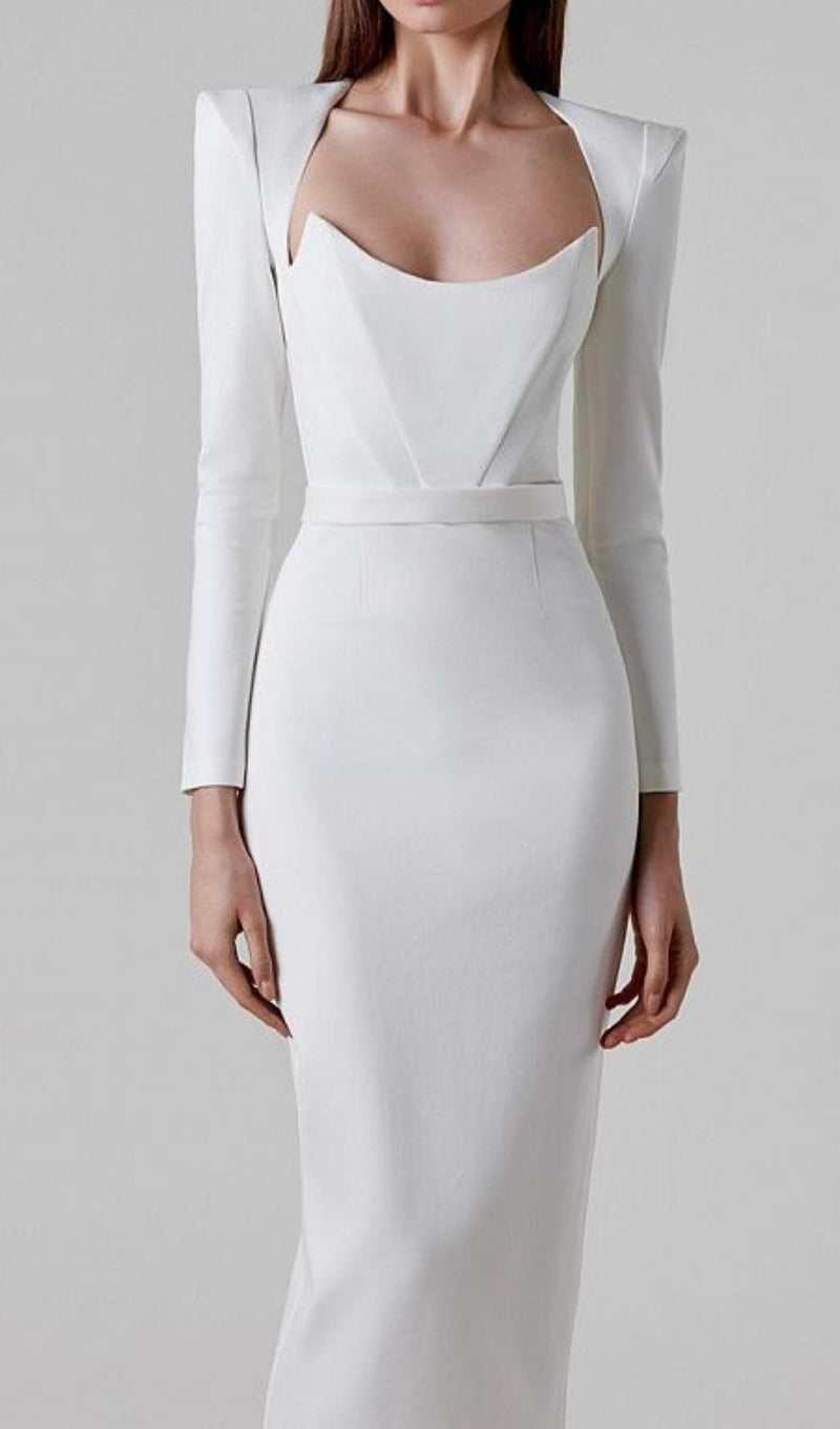 SQUARE SHOULDER CORSET MIDI DRESS IN WHITE