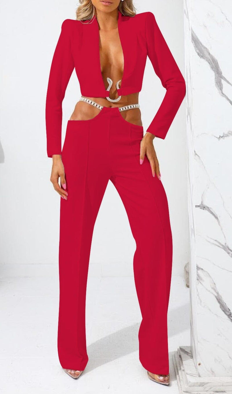 SNAKE BUCKLE WAISTBAND SUIT IN RED