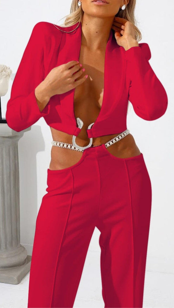 AIIZIE SNAKE BUCKLE WAISTBAND SUIT IN RED - product image