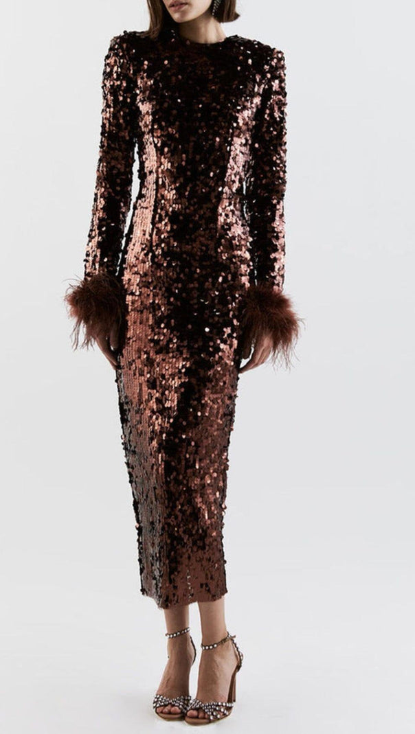 AIIZIE SEQUIN PATCHWORK PLUSH CUFF DRESS IN BROWN - product image