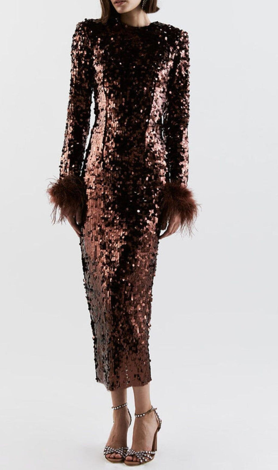 ABITO CON POLSINI IN PELUCHE CON PATCHWORK DI PAILLETTES MARRONE