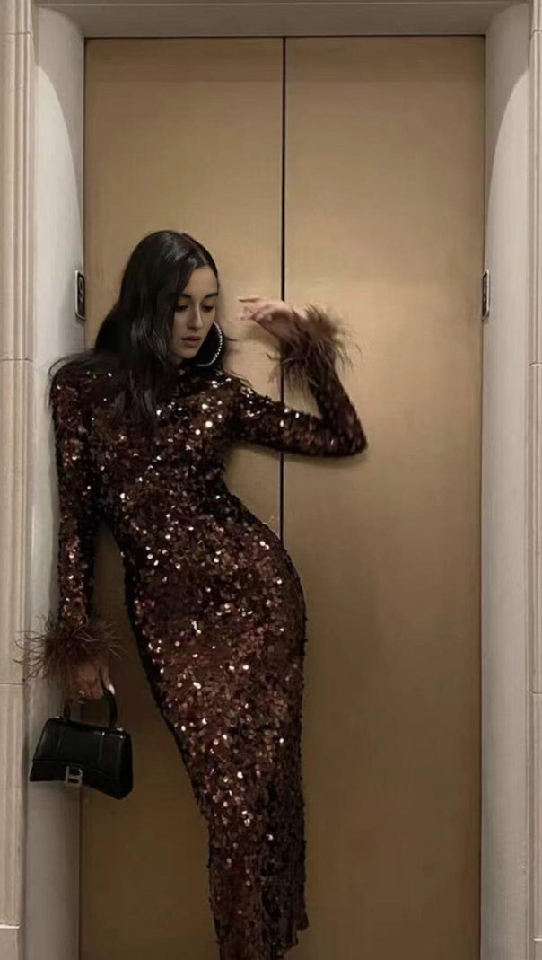 AIIZIE SEQUIN PATCHWORK PLUSH CUFF DRESS IN BROWN - product image