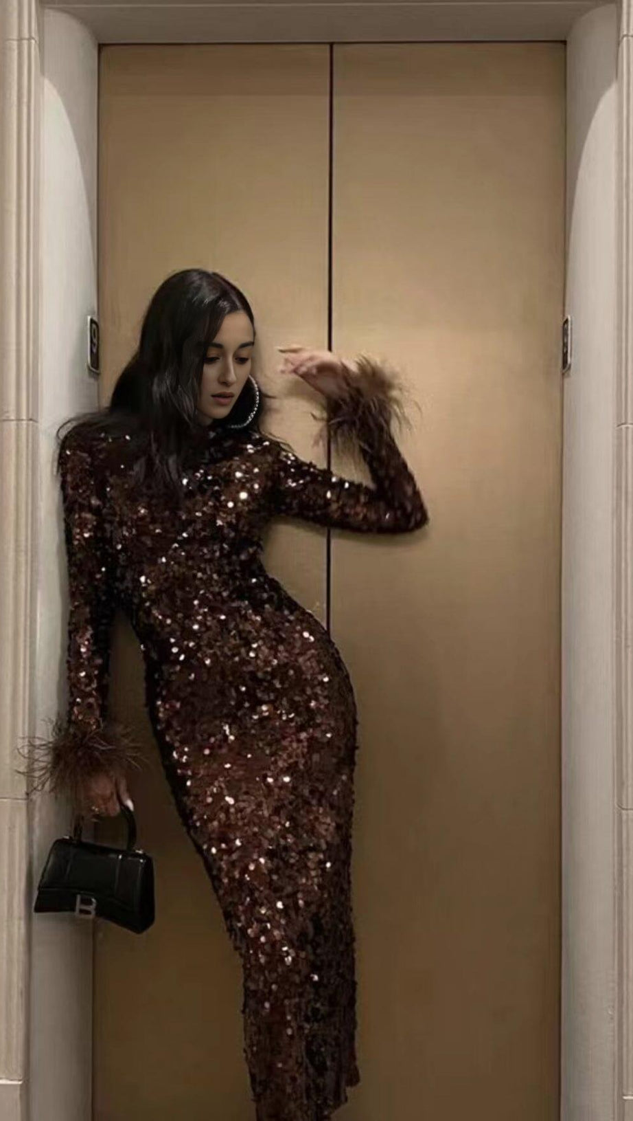 SEQUIN PATCHWORK PLUSH CUFF DRESS IN BROWN