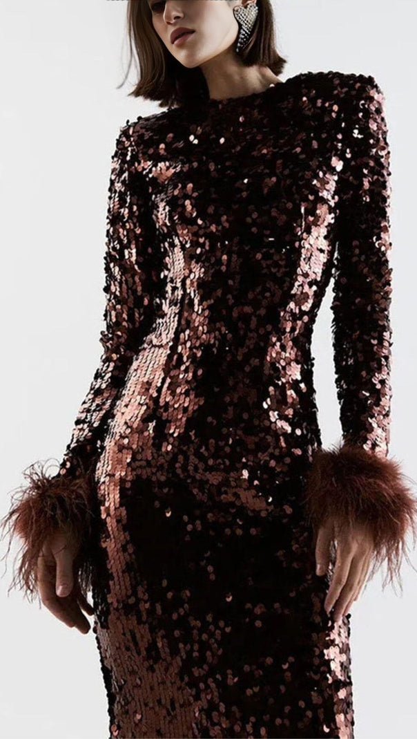 AIIZIE SEQUIN PATCHWORK PLUSH CUFF DRESS IN BROWN - product image