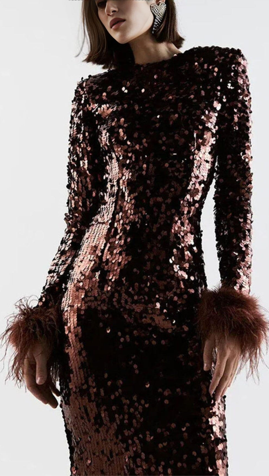 SEQUIN PATCHWORK PLUSH CUFF DRESS IN BROWN