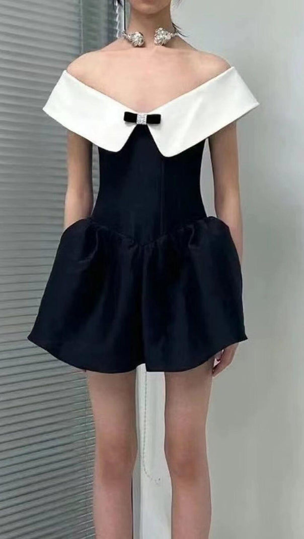AIIZIE OFF SHOULDER MINI DRESS IN BLACK AND WHITE - product image