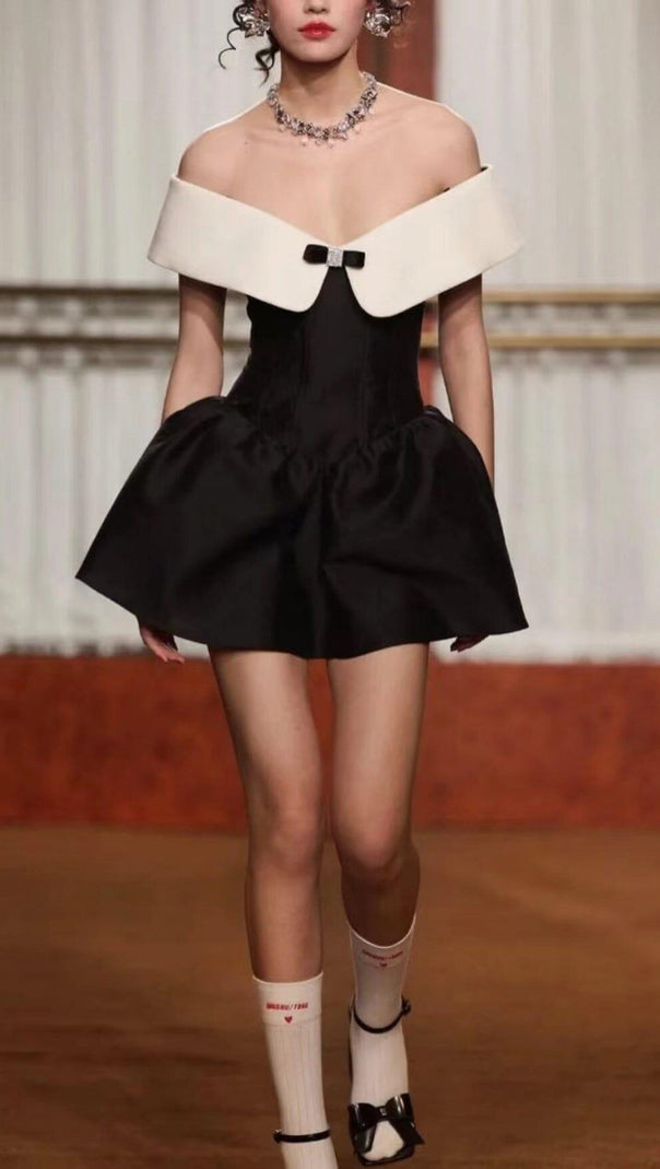 AIIZIE OFF SHOULDER MINI DRESS IN BLACK AND WHITE - product image