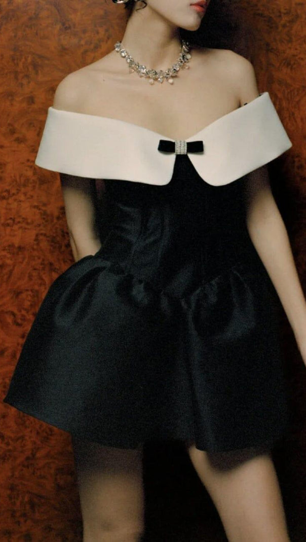 AIIZIE OFF SHOULDER MINI DRESS IN BLACK AND WHITE - product image