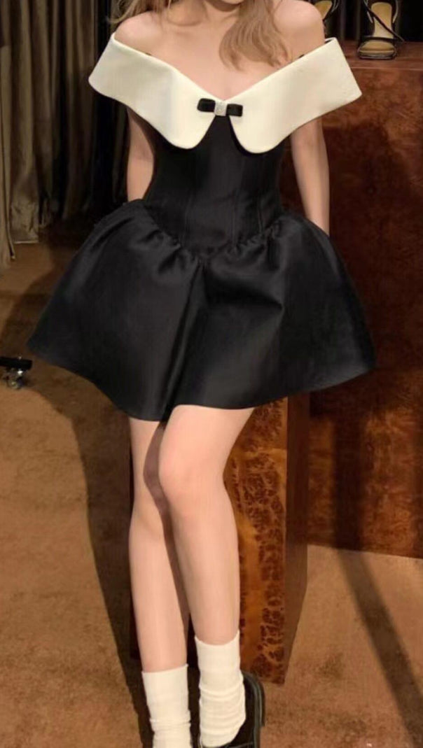 AIIZIE OFF SHOULDER MINI DRESS IN BLACK AND WHITE - product image