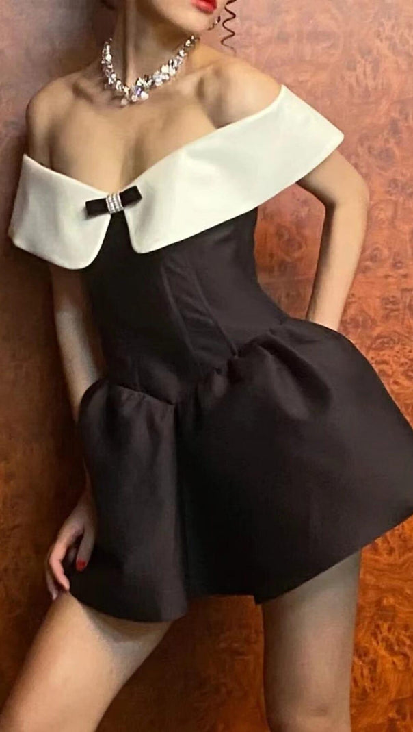 AIIZIE OFF SHOULDER MINI DRESS IN BLACK AND WHITE - product image