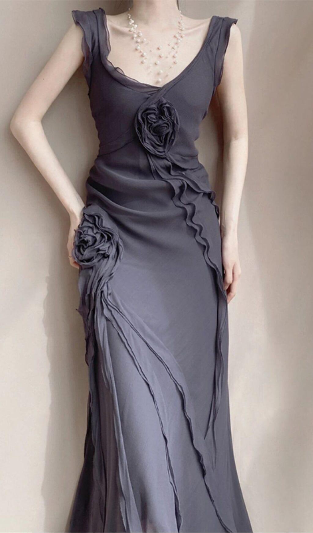 MESH VINTAGE FLORAL PLEATED MAXI DRESS IN GREY