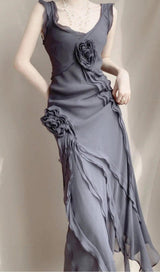 MESH VINTAGE FLORAL PLEATED MAXI DRESS IN GREY