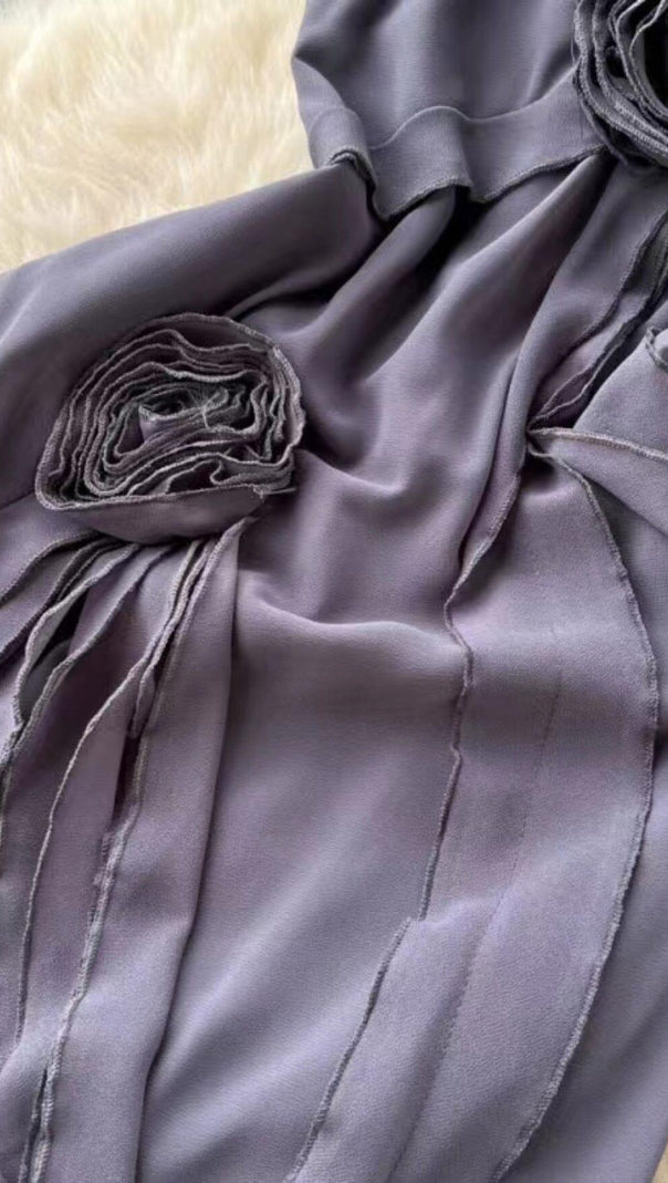 AIIZIE MESH VINTAGE FLORAL PLEATED MAXI DRESS IN GREY - product image