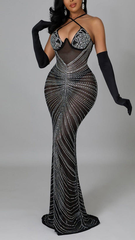 LACE SEE-THROUGH DIAMONDS MAXI DRESS IN BLACK