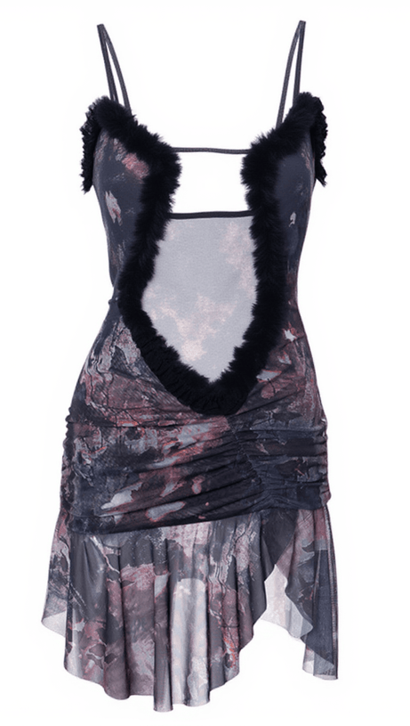 Olivier – Gerafftes Patchwork-Netzkleid in Grau