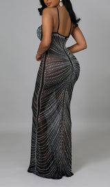 LACE SEE-THROUGH DIAMONDS MAXI DRESS IN BLACK