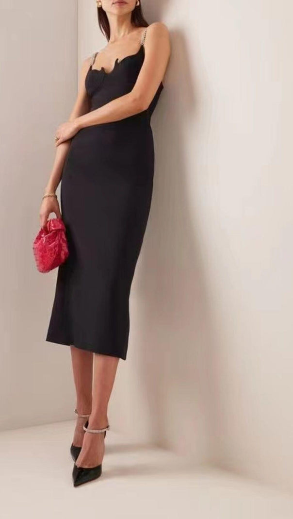 AIIZIE CHAIN HALTER HIGH WAIST SLIM HIP MIDI DRESS IN BLACK - product image