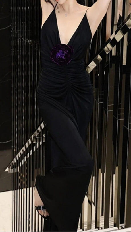 POLYESTER FLORAL RUFFLE SLIMMING HALTER MAXI DRESS IN BLACK