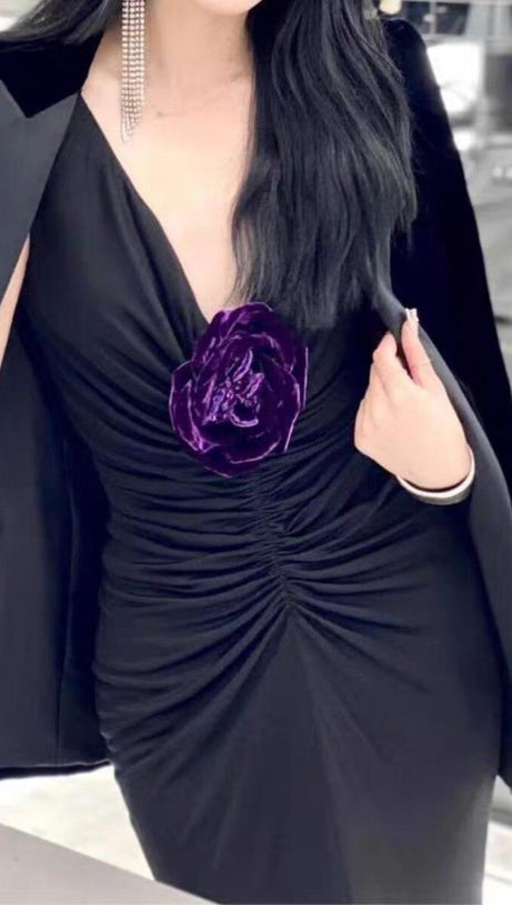 POLYESTER FLORAL RUFFLE SLIMMING HALTER MAXI DRESS IN BLACK