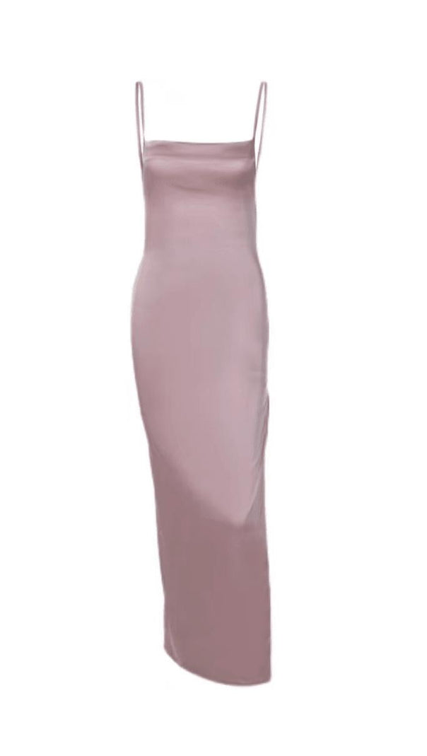 AIIZIE SATIN BACKLESS STRAP SPLIT HALTER MAXI DRESS IN PINK - product image
