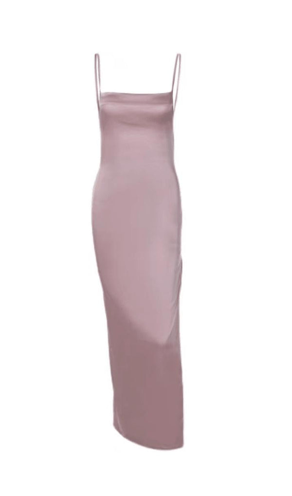 SATIN BACKLESS  STRAP SPLIT HALTER MAXI DRESS IN PINK