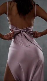 SATIN BACKLESS  STRAP SPLIT HALTER MAXI DRESS IN PINK