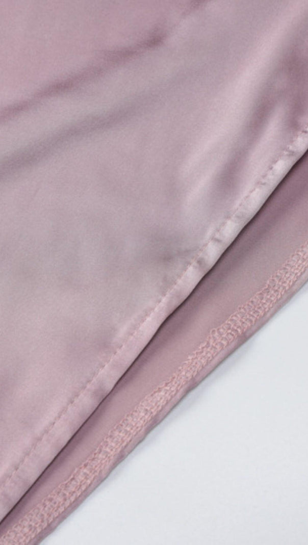 AIIZIE SATIN BACKLESS STRAP SPLIT HALTER MAXI DRESS IN PINK - product image