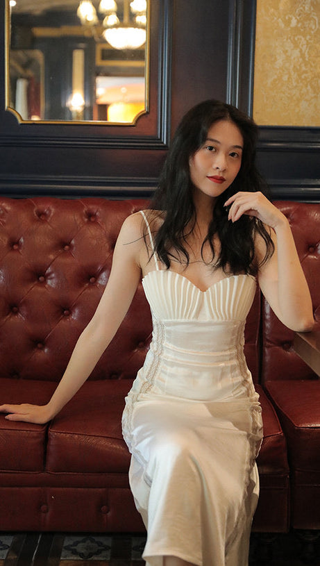 marjorie Shell Pleated Satin Midi Dress in white