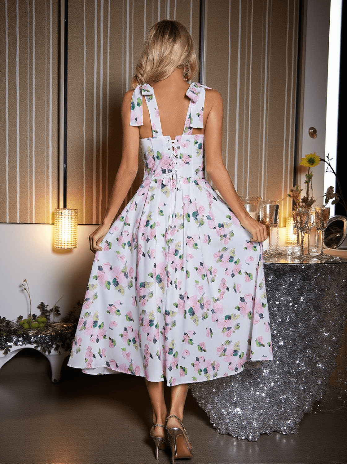 KIZZY FLORAL SPAGHETTI MIDI DRESS
