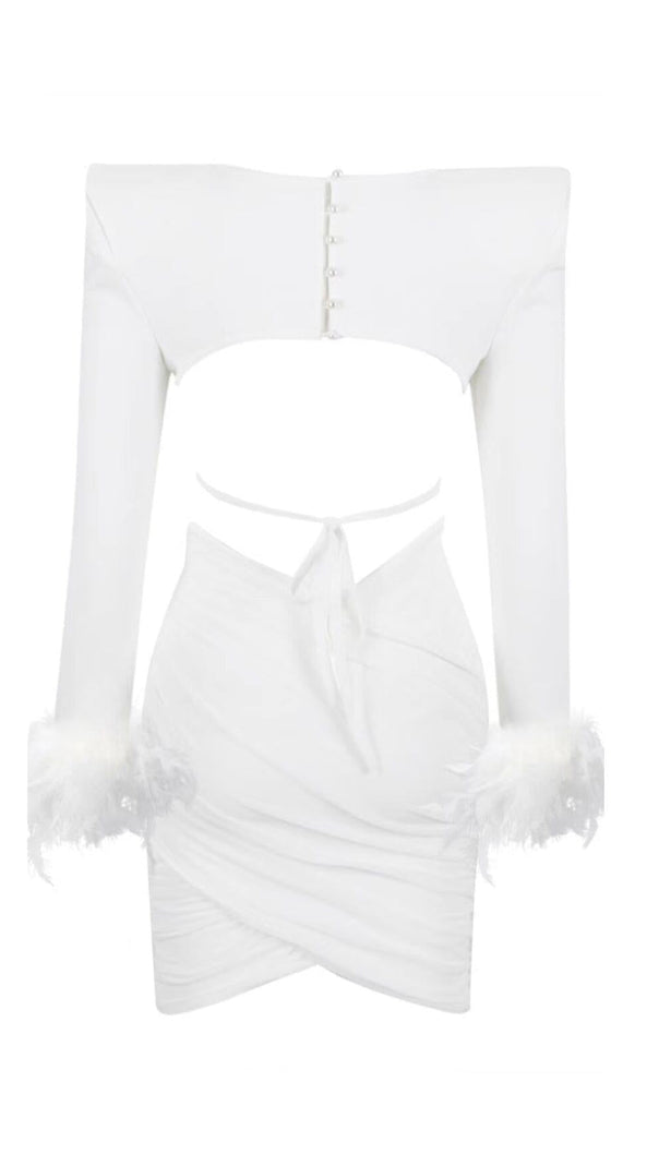 Shouledr Pad Waist Baring Feather Blouse Pleated Dress in White