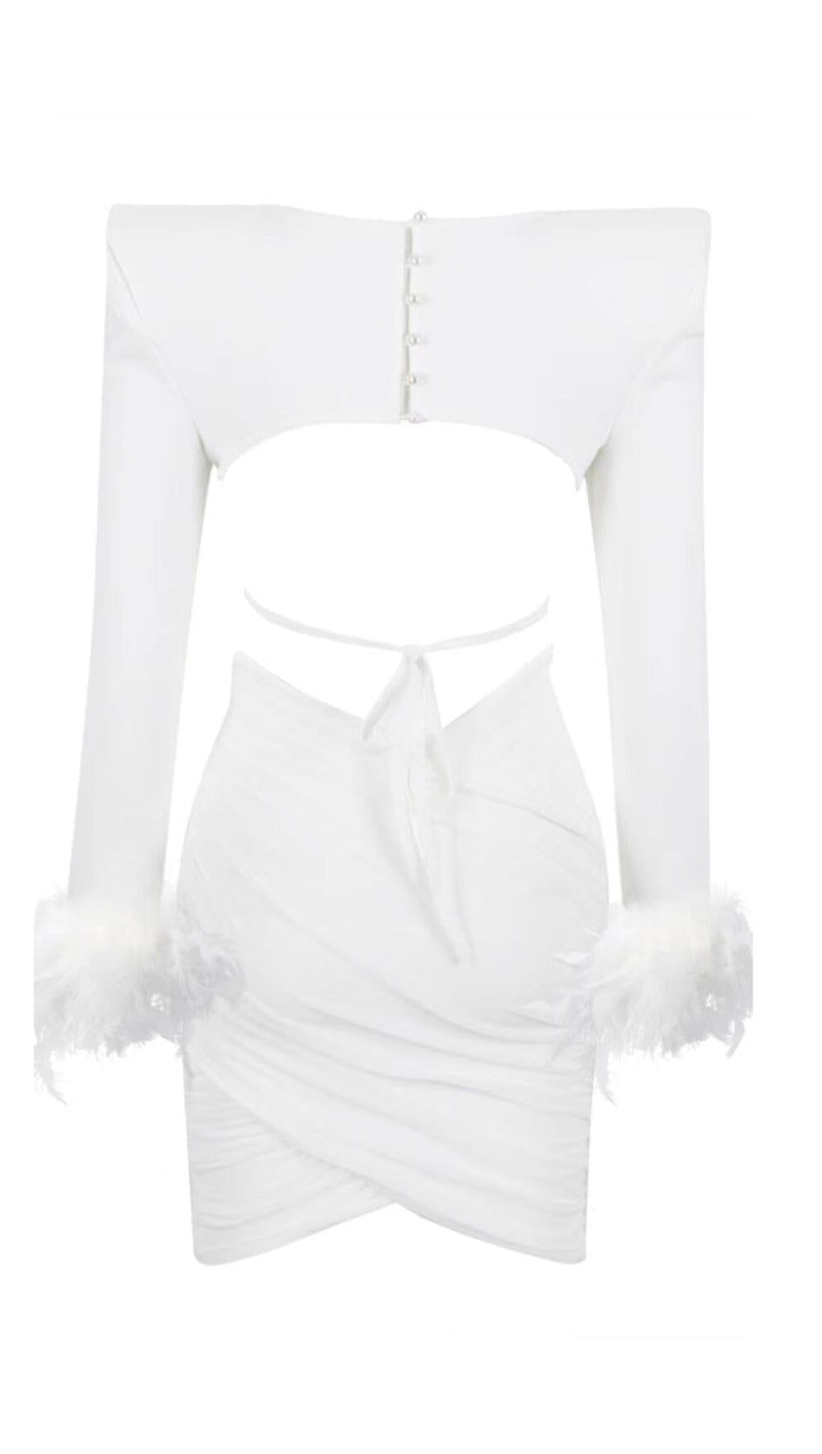 SHOULEDR PAD WAIST BARING FEATHER BLOUSE PLEATED DRESS IN WHITE