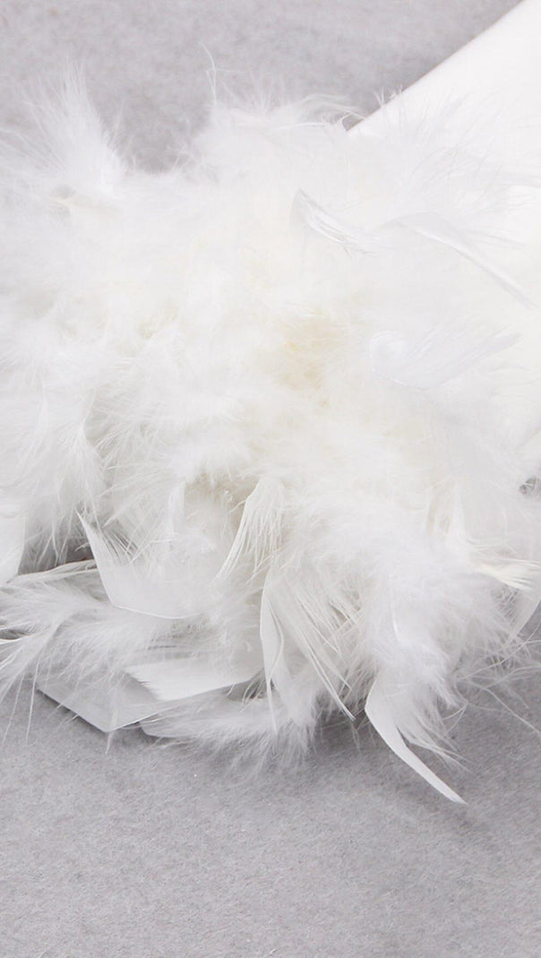 Shouledr Pad Waist Baring Feather Blouse Pleated Dress in White