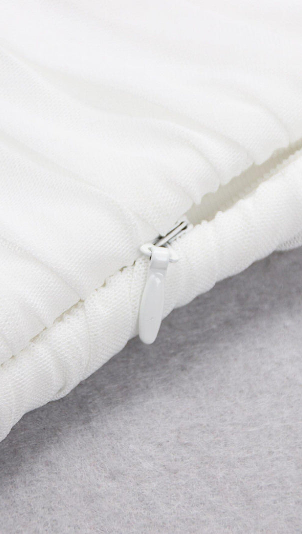 Shouledr Pad Waist Baring Feather Blouse Pleated Dress in White