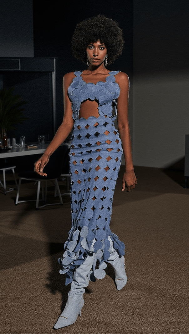 AIIZIE NYX CIRCLE CUTOUT FRINGE DENIM MAXI DRESS - product image