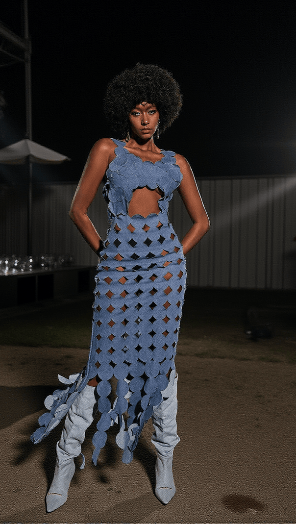 AIIZIE NYX CIRCLE CUTOUT FRINGE DENIM MAXI DRESS - product image